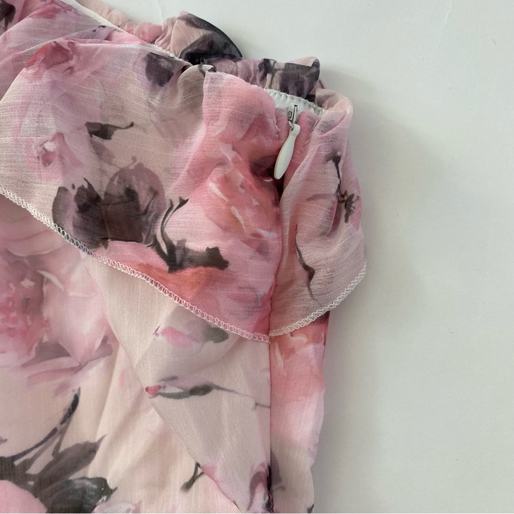 NWOT Pink Floral One Shoulder Ruffle Trim High Waist Flared Mini Dress XS - Picture 9 of 15